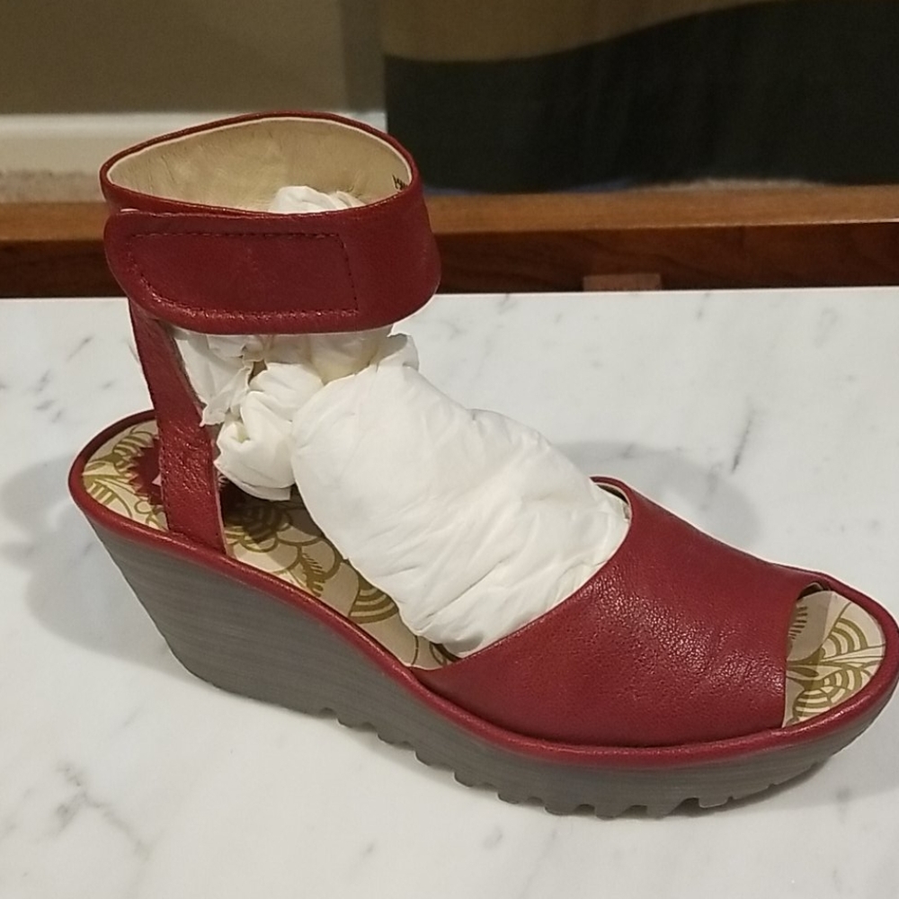 Fly London Red Leather Ankle Strap Sandal New 38